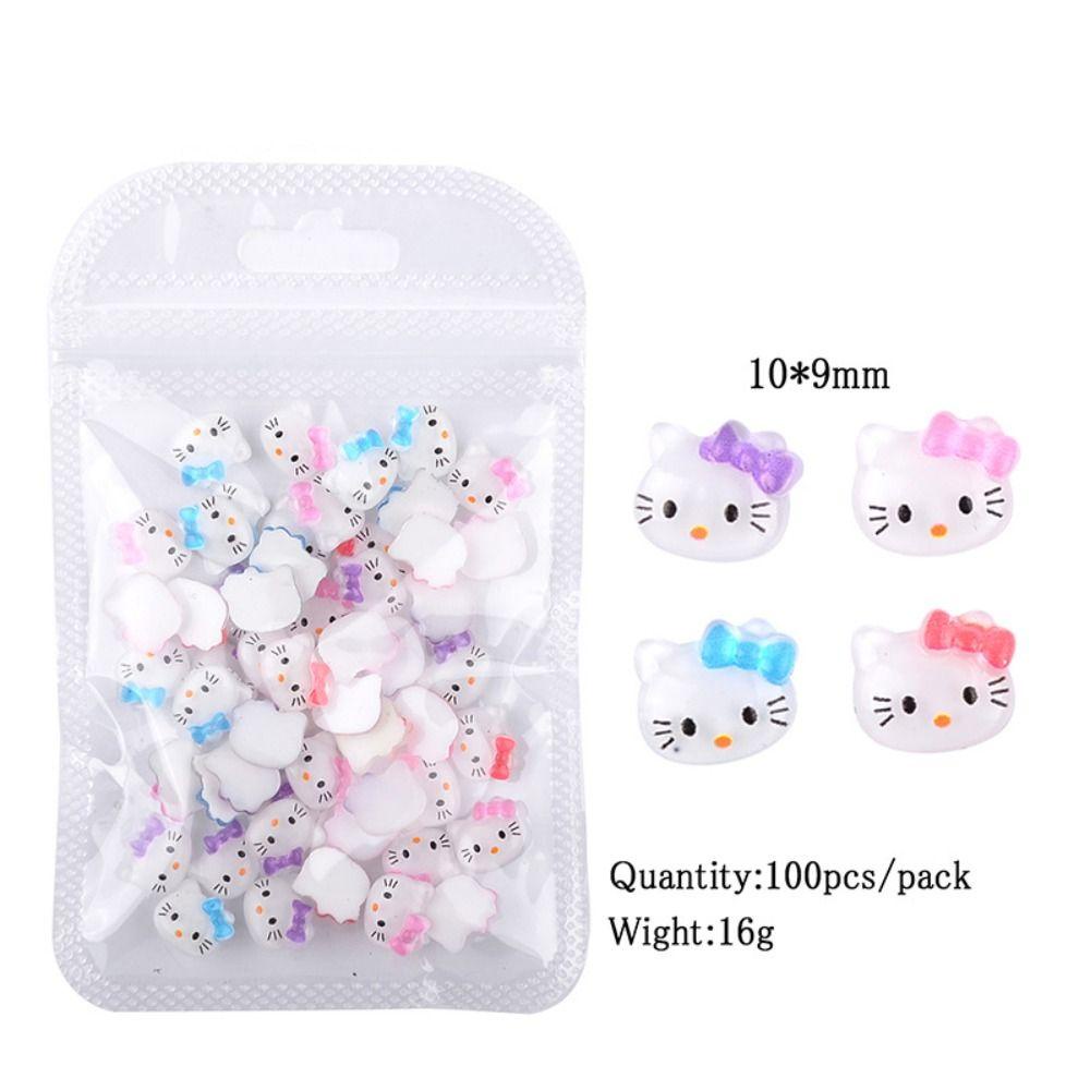 Needway   Dekorasi Nail Art DIY 100 Pcs Kitty Cat Berwarna Gambar Resin Kartun Hiasan Kuku