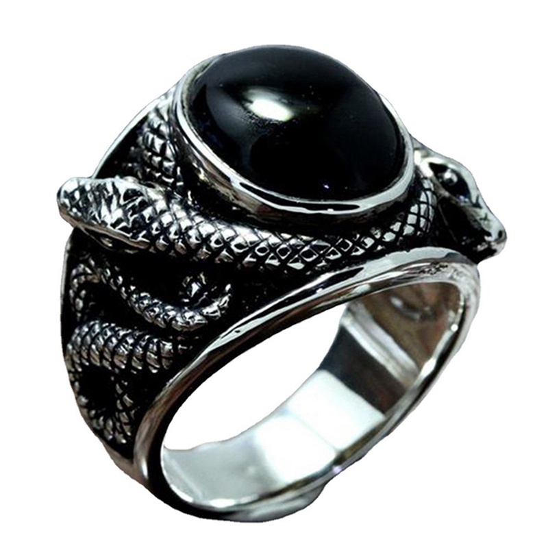 Punk Cincin Batu Permata Hitam Untuk Pria Perhiasan Vintage Kuno Warna Perak Salib Ular Diukir Logam Oval Zirkon Jari Cincin Hadiah