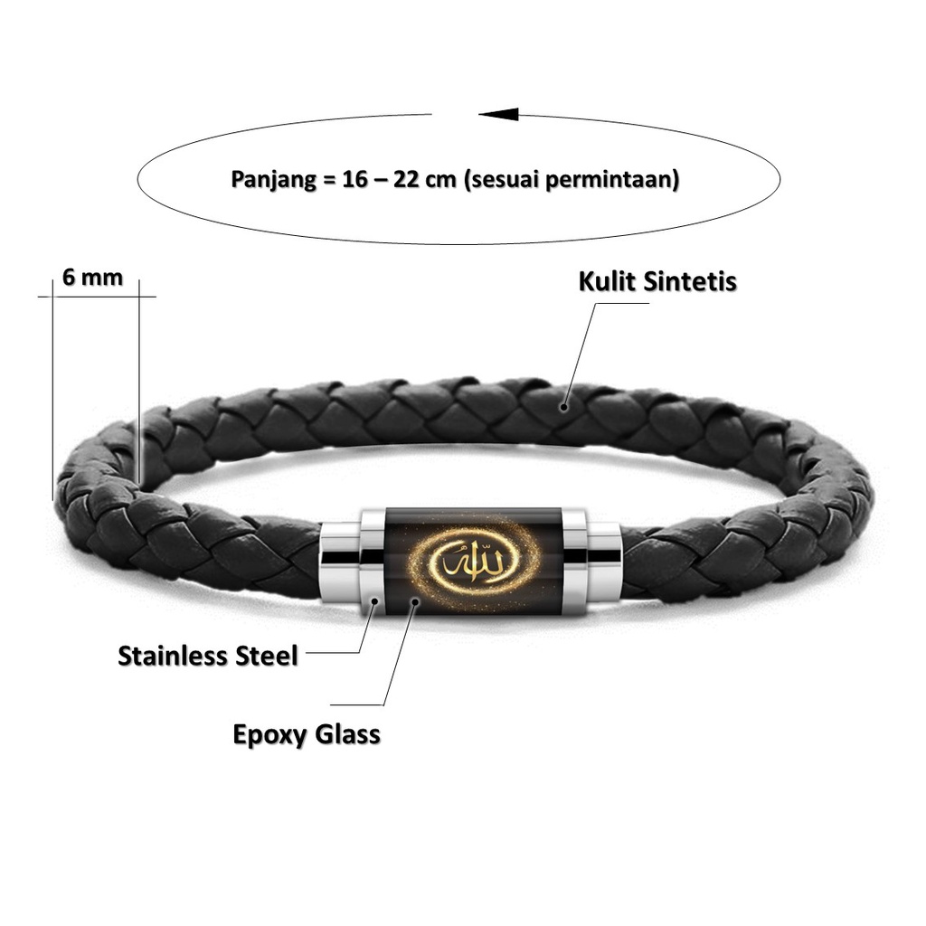 GELANG TAUHID LAFADZ ALLAH MUHAMMAD KULIT KEPANG MODEL TABUNG KACA KAIT MAGNET STAINLESS STEEL