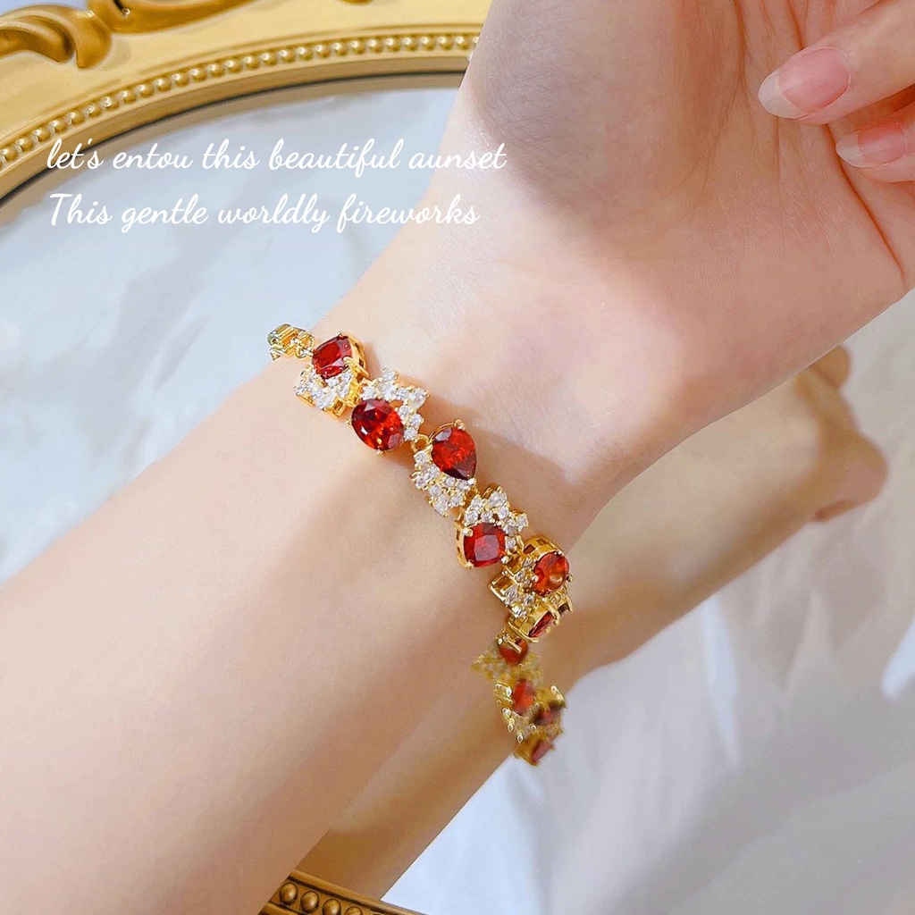 Goldkingdom Aksesoris Perhiasan Fashion Ready Stock Jewelry Sunset Fanta Gelang Berlian Sedikit Bertatahkan Berlian Adjustable Berlian Merah Gelang Perempuan