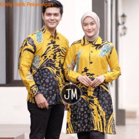 Baju Batik Couple Pasangan Motif Aprilia Kuning Katun Lengan Panjang Ems