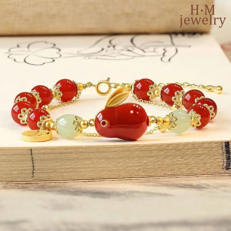 Giok Hare Hetian Jade Double-Layer Bracelet 2023gelang Batu Akik Merah Kelinci