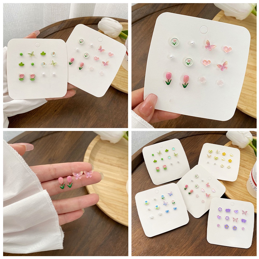 6pasang Paduan Anting Tulip Hati Kupu-Kupu Bunga Stud Earrings Set Untuk Wanita Perempuan Chic Perhiasan Telinga