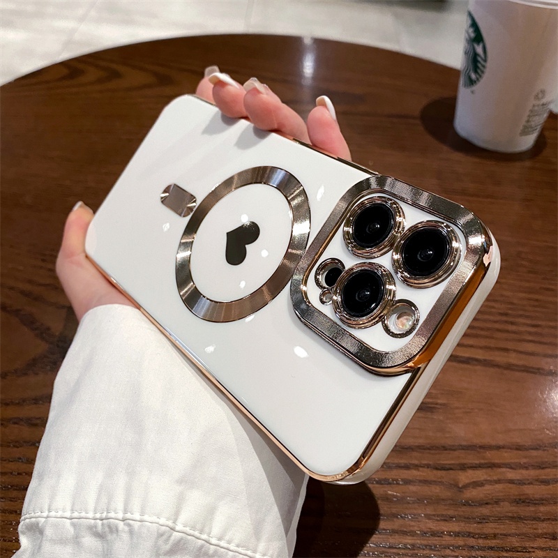IPHONE Casing Ponsel Cinta Hati Plating Magnetik Mewah Untuk Iphone11 12 13 14 Pro Max14 Plus Pengisian Nirkabel Shockproof Cover