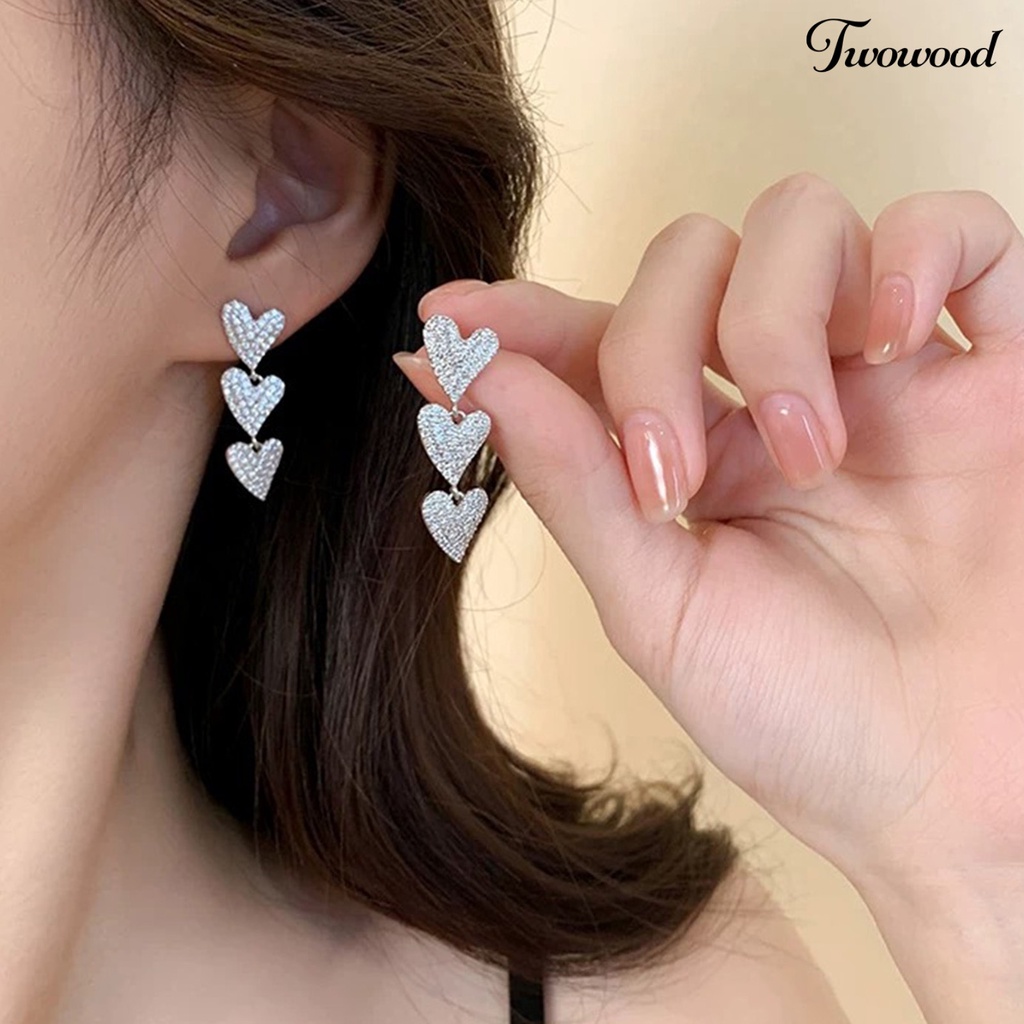 Twowood 1pasang Drop Earrings Cubic Zirconia Sparkling Electroplating Lurus Gantung Liontin Hias Hypoallergenic Cinta Hati Menjuntai Anting-Anting Perhiasan Aksesori