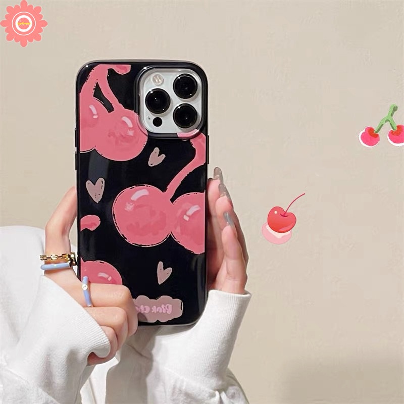 IPHONE Casing Ponsel Smiley Hati Cinta Lucu Kompatibel Untuk Iphone11 14 13 12 Pro Max XR 7plus 78 Plus X XS Max SE 2020 Kartun Pink Cherry Shockproof Glossy Halus Keren Hitam Soft Cover