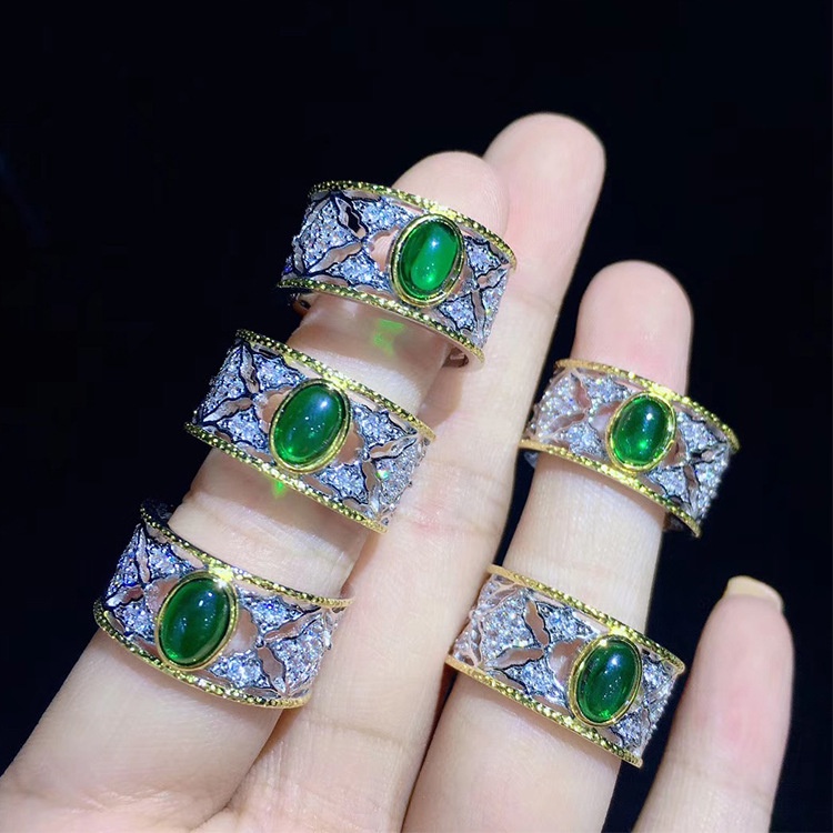 Goldkingdom Aksesoris Perhiasan Fashion Ready Stock French Retro Woven Grafir Emas Asli Kadar 375 Digambar Tangan Yang Dapat Disesuaikan Cincin Set Dengan Zamrud Colombia Ring