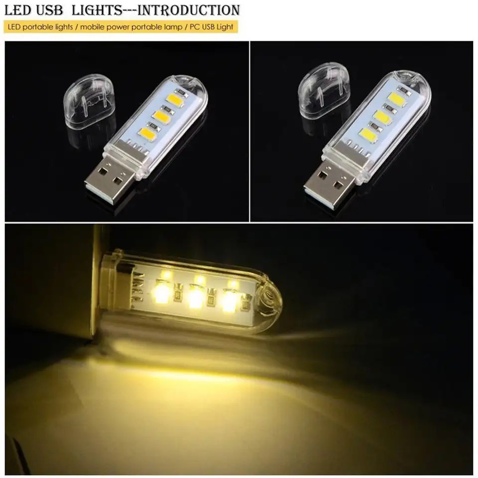 AVVET Lampu LED USB Mini 3 Mata Transparan  Lampu USB 8 Led Model Cool White  Lampu Emergency  Mini Lampu Kamar USB