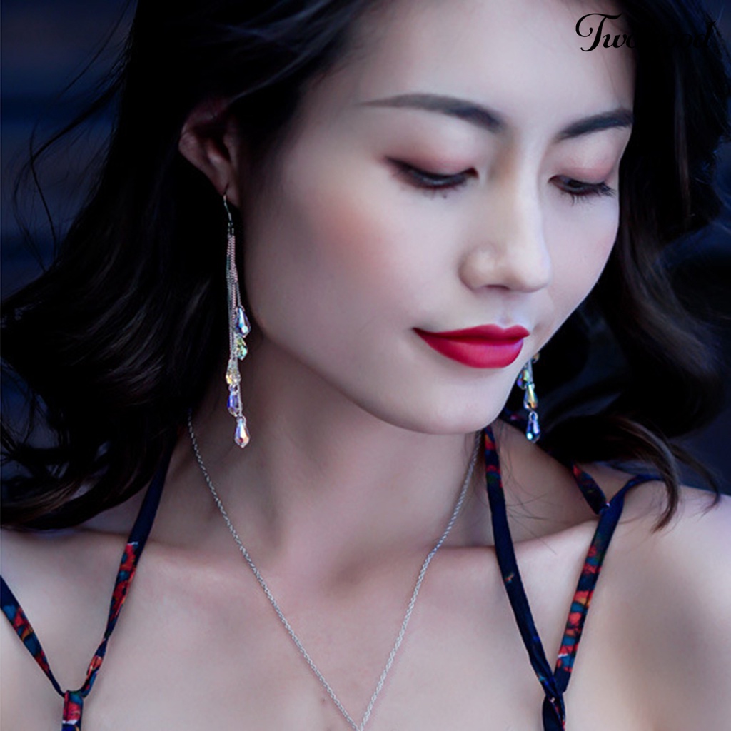 Twowood 1pasang Anting Kait Dainty Elegan Temperamen Tinggi Mengkilap Mempesona Kristal Imitasi Jumbai Menjuntai Anting Aksesoris Perhiasan