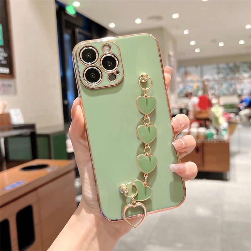 IPHONE Luxury Plating Love Heart Plating Gelang Rantai Phone Case Untuk Iphone11 12 13 14 Pro Max X XR XS Love Heart Frame On7 8 Plus Strap Cover