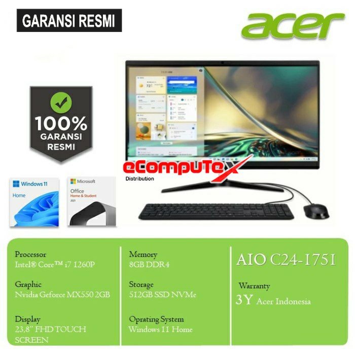 PC AIO ACER ASPIRE C24-1751 INTEL CORE GEN i7-1240P / NVIDIA GEFORCE MX550 2GB / RAM 8GB 512GB WIN11+OHS 23.8&quot; GARANSI RESMI