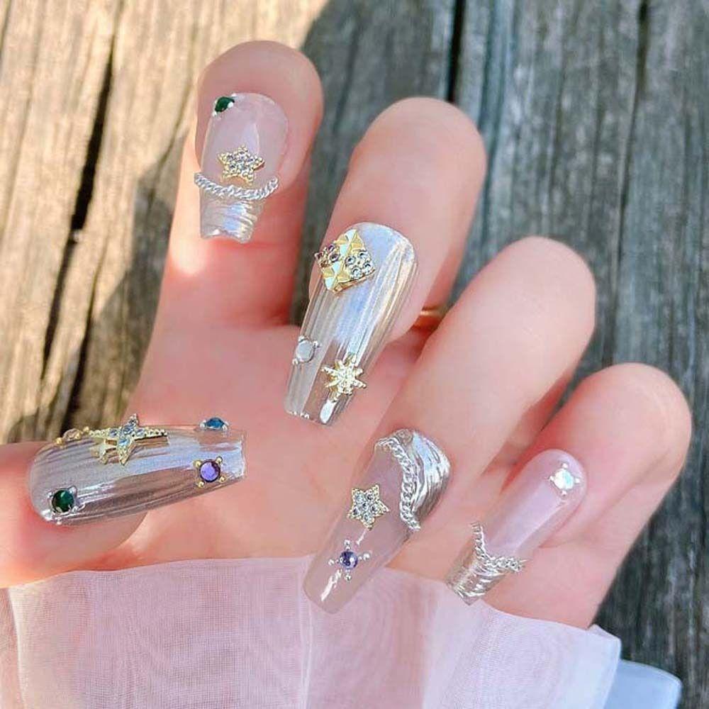 Mxbeauty Kuku Berlian Imitasi Zirkon Pesona Kuku Mewah Emas Perak Cross Clover Manicure Aksesoris 3D Nail Art Drills