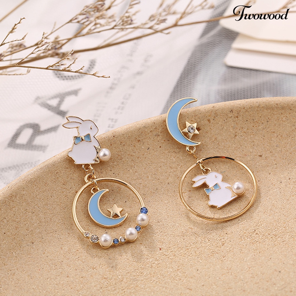 Twowood 1pasang Stud Earrings Dissymetry Berongga Cincin Berlian Imitasi Mutiara Imitasi Hadiah Kartun Kelinci Bulan Bintang Gadis Drop Earrings Fashion Perhiasan