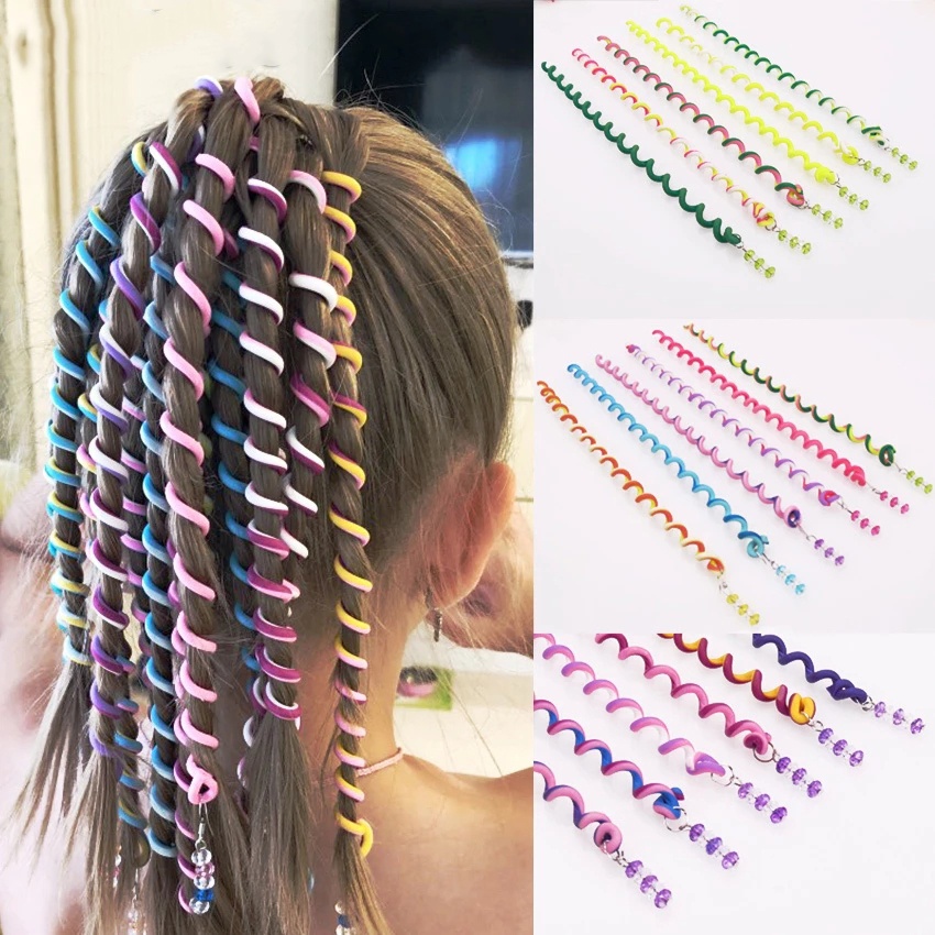 6pcs Karet Rambut Elastis Panjang Kristal Untuk Gadis Anak Aksesoris Rambut DIY Alat Styling Warna Pelangi Twist Kepang Curlers Headband Gaya INS Korea Lucu Manis Fashion