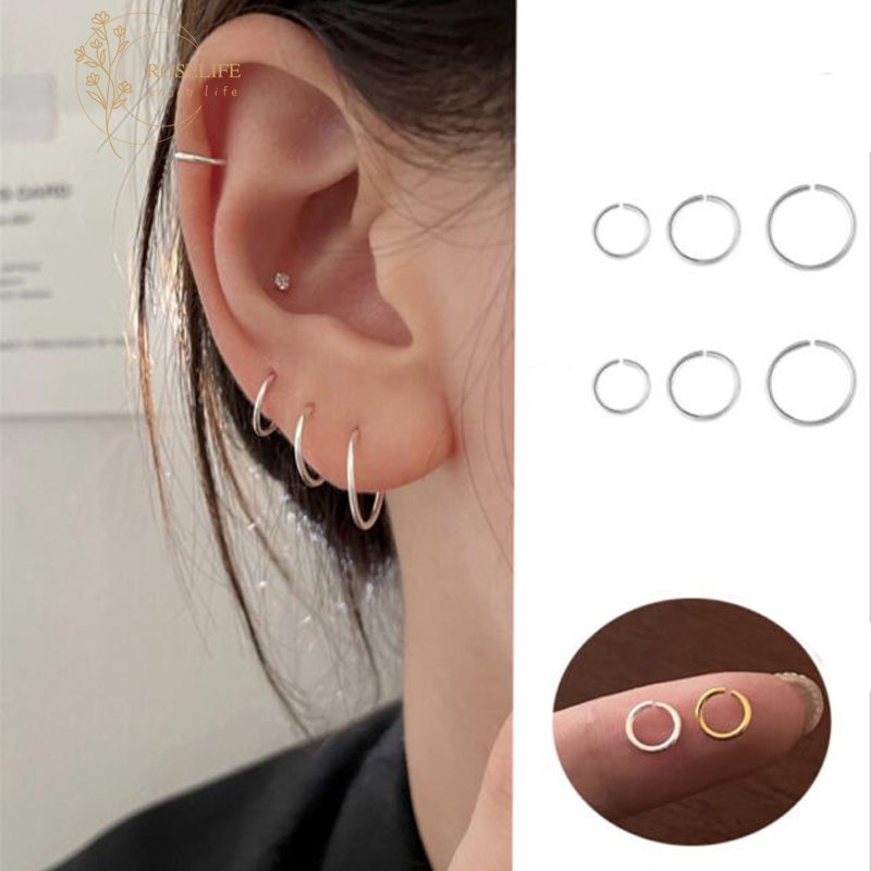 Roselife 2 Pcs Minimalis Stainless Steel Tindik Tulang Rawan Hoop Anting Untuk Wanita Perempuan Hypoallergenic Hidung Palsu Cincin Telinga Tulang Bulat Anting Punk Bibir Perhiasan