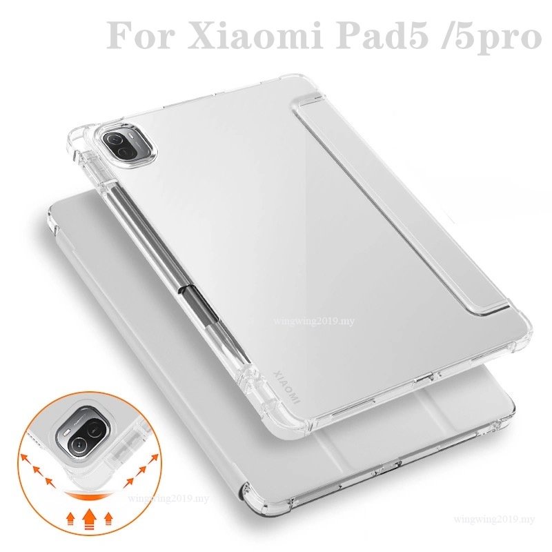 Untuk Xiaomi Pad5 5Pro 5Pro 5G 11inch Tablet Case Built in Pen slot DIY Tas Udara Transparan Shockproof Fleksibel Lembut Casing Belakang Dengan Pen Holder Lipat Smart cove