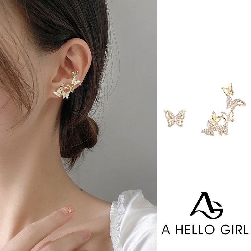 Anting Klip Asimetris Model Kupu-Kupu Hollow Aksen Berlian Imitasi Gaya Korea Untuk Wanita