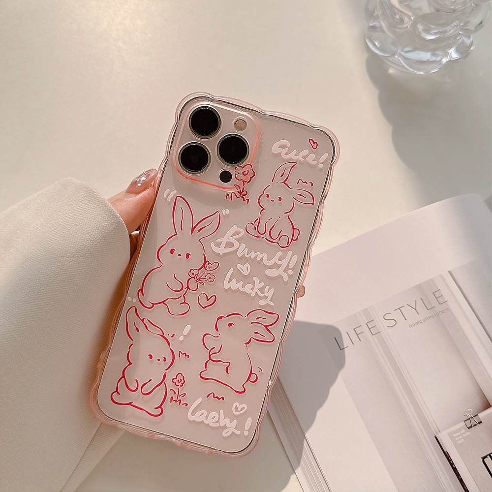 Ins Pink Line-picking Kelinci Kartun Wavy Edge Transparan Case Untuk Iphone SE 2020 7 /8 Plus 14x XR XM 11 12 MINI 13 PRO MAX Casing Cover Pelindung AT0094