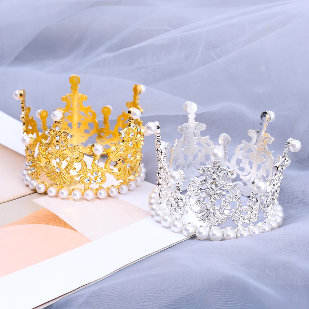 Diy Baking Cake Topper Dekorasi Mutiara Kristal Mahkota Hiasan Kue Mini Pearl Crown Topper Hiasan Rambut Kue Dessert Aksesoris Ulang Tahun Anak Pernikahan Perlengkapan Pesta Elegan