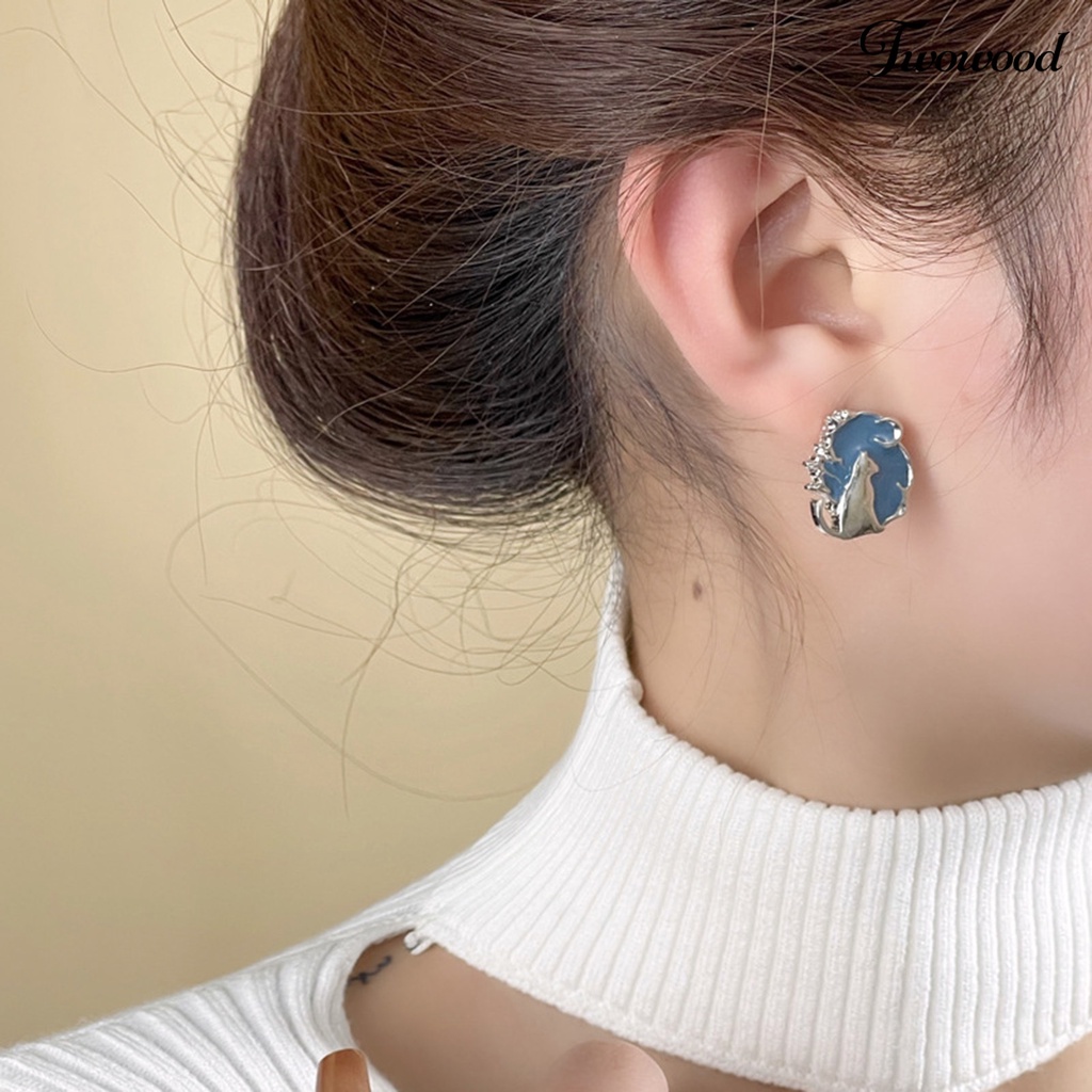 Twowood 1pasang Ear Studs Temperamen Elegan Tidak Teratur Fancy Hypoallergenic Biru Menjatuhkan Minyak Kucing Wanita Anting Perhiasan Fashion