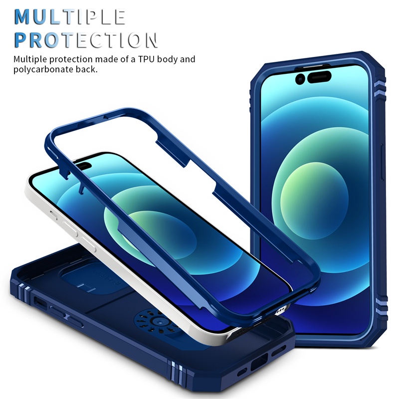 IPHONE Casing Full Case Sersan Push Window Biru Navy Untuk Iphone12 11 13 14 Pro X XS Max14 6 /7 /8 Plus XR 360° Bracket Ring Casing Keras