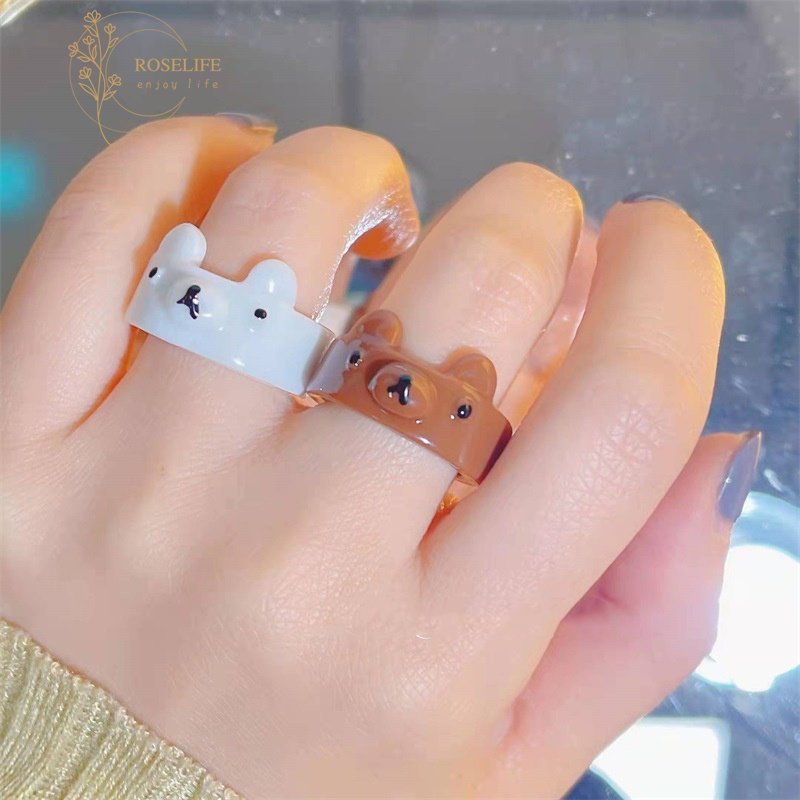 Roselife Permen Warna Lucu Resin Beruang Cincin Untuk Wanita Gadis Anak Korea Acrylic Finger Rings Fashion Tahan Air Pasangan Cincin Persahabatan Perhiasan 1pc