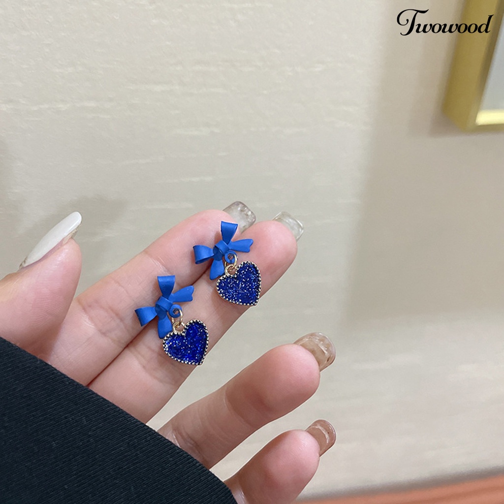 Twowood 1pasang Drop Earrings Glitter Ikatan Simpul Telinga Dekorasi Warna Biru Langit Temperamen Cinta Hati Hias Berlian Imitasi Anting Untuk Perjamuan