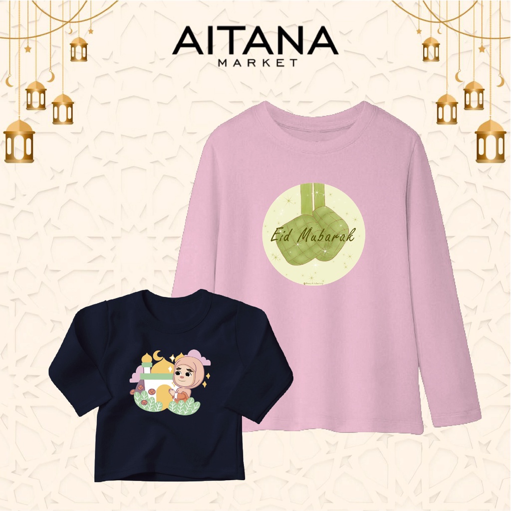 Baju Kaos Panjang Muslim Series Ramadhan Eid Mubarak Size Bayi Anak Dewasa Bahan Katun Combed 30s