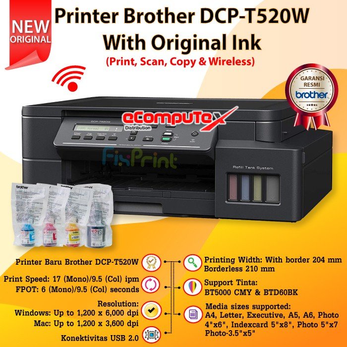 PRINTER BROTHER DCP T520W / T 520W INFUS WIFI PRINT SCAN COPY ALL IN ONE GARANSI RESMI