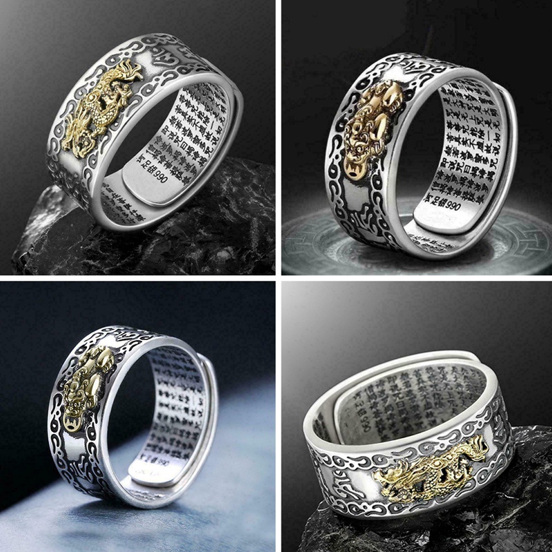 1pc Vintage Pixiu Cincin Feng Shui Jimat Kesehatan Dan Keberuntungan Adjustable Openning Perhiasan Hadiah Pria Wanita