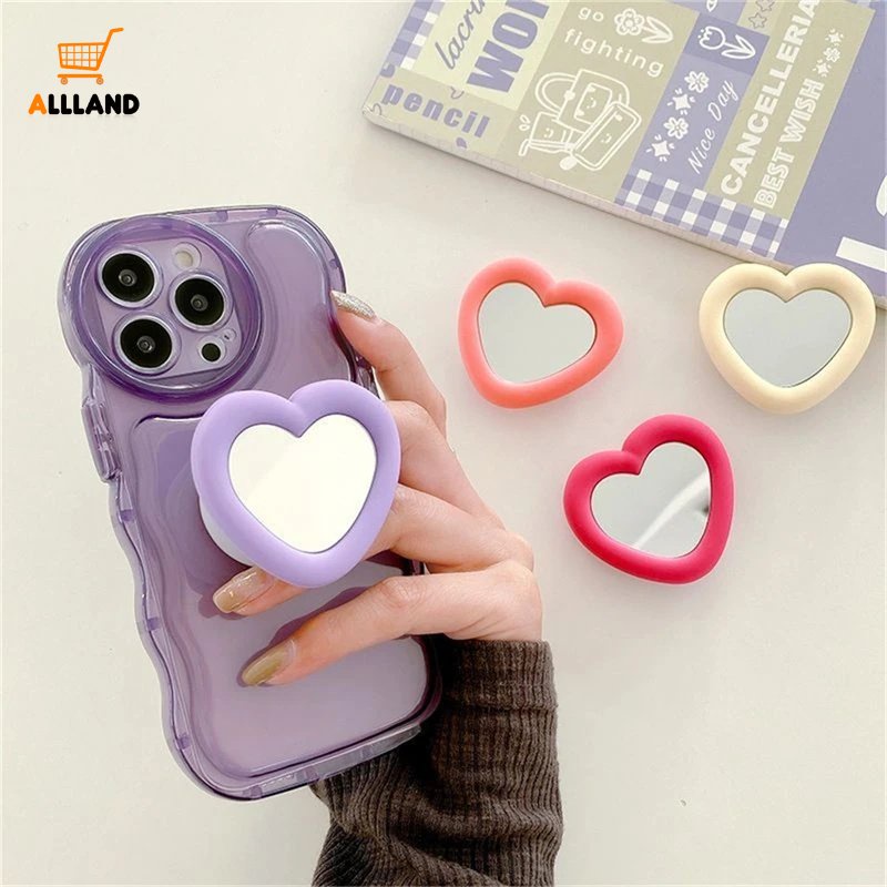 Ins Love Heart Mirror Phone Holder/Cincin Jari Korea Lembut Silikon Stretchable/Bracket Penyangga Ponsel Universal