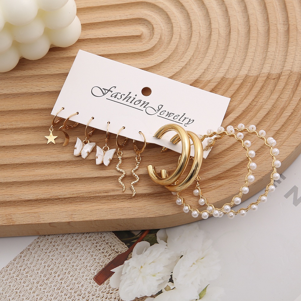 5pcs/set Mode Baru Bintang-Bulan Ular Anting Untuk Perempuan Kreatif Kupu-Kupu Liontin Mutiara Imitasi Hadiah Perhiasan