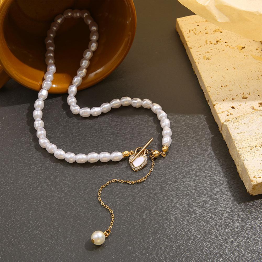 Timekey Temperamen Cinta Liontin Mutiara Kalung Niche Vintage Alloy Pearl Necklace Rantai Klavikula Perhiasan Aksesori R6T3