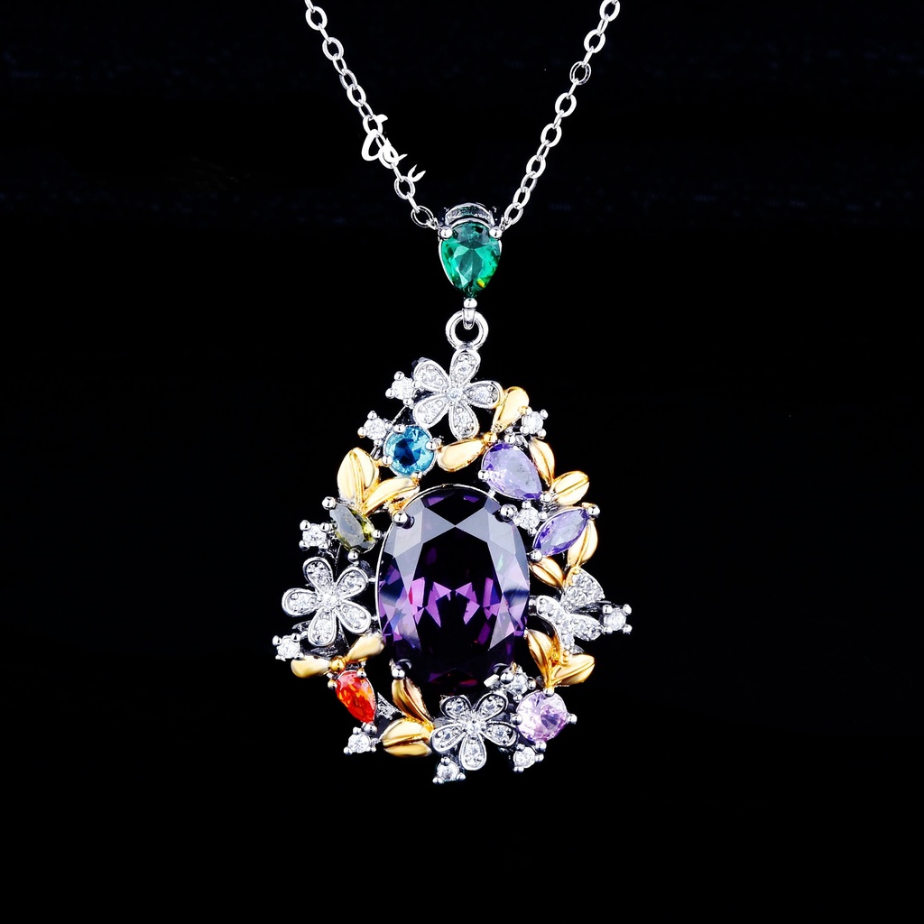 Goldkingdom Fashion Perhiasan Aksesoris Ready Stock Italia Duawarna Kerajinan Emas Asli Kadar 375 Rahasia Taman Liontin Mewah Penuh Berlian Amethyst Cincin Bunga Terang Anting