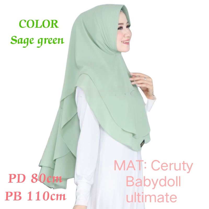HIJAB JILBAB KHIMAR SAGE GREEN JUMBO 2 LAYER MAT CERUTY BABYDOLL ULTIMATE WARNA HIJAU TERBARU