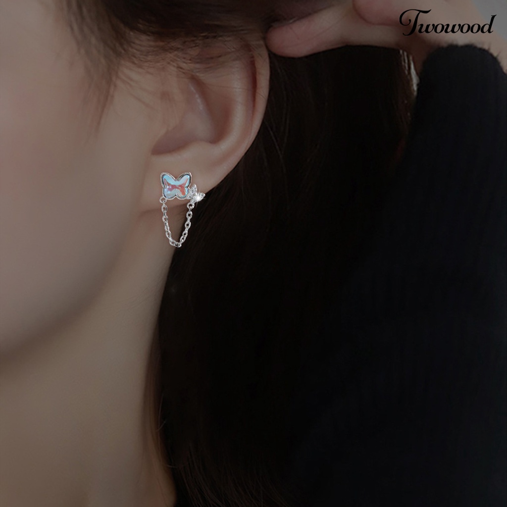 Twowood 1pasang Ear Studs Mini Faux Moonstone Elegan Berlian Imitasi Tertanam Kupu-Kupu Rantai Wanita Anting Fashion Perhiasan