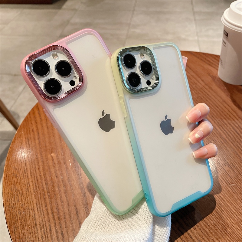 IPHONE Malan Premium Gradient clear exposure logo Untuk Capita Iphone11 12 13 14 Pro max electroplated lens shockproof Case Cover