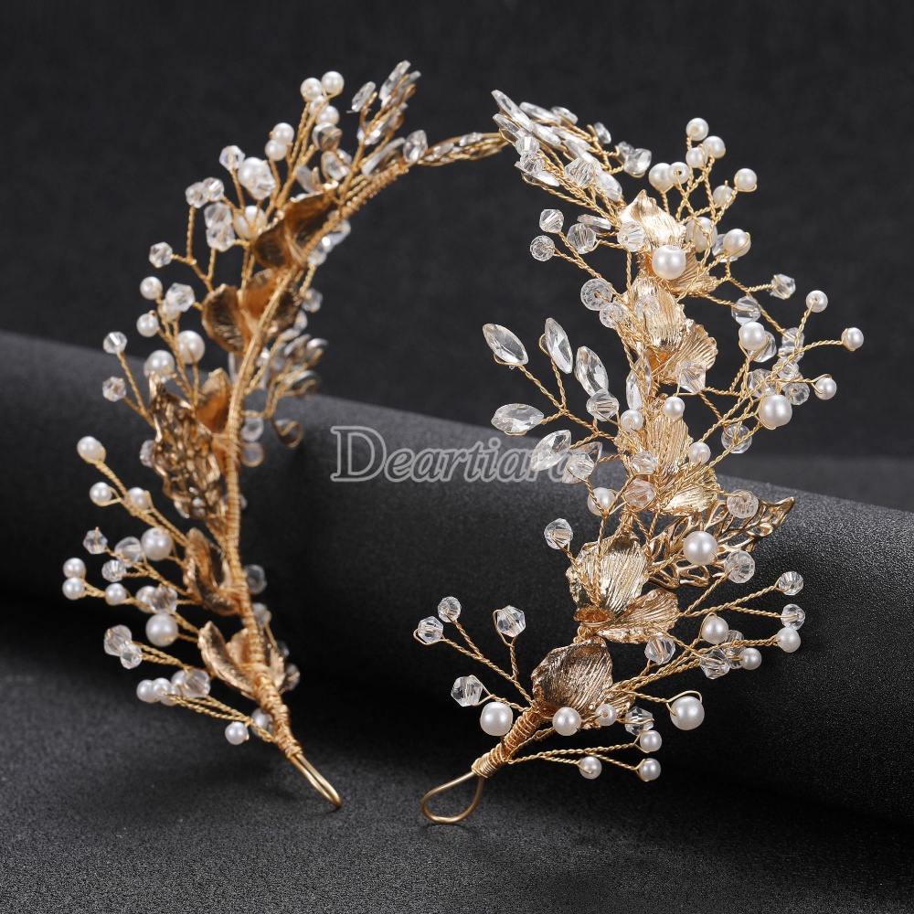 Hiasan Kepala Pengantin Bahan Alloy Emas Bentuk Daun Handmade Pearl Hair Band