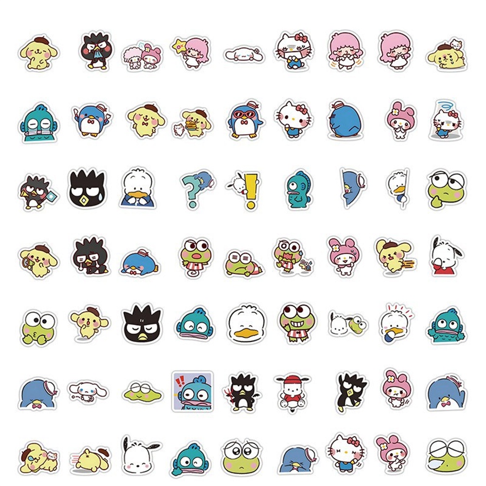 ღ 64Pcs Sanrio Grafiti Stiker Lucu Melodi Kuromi Puding Anjing Hello Kitty Kucing Kartun Koleksi Termal Piala Ponsel case Dekorasi Aksesoris