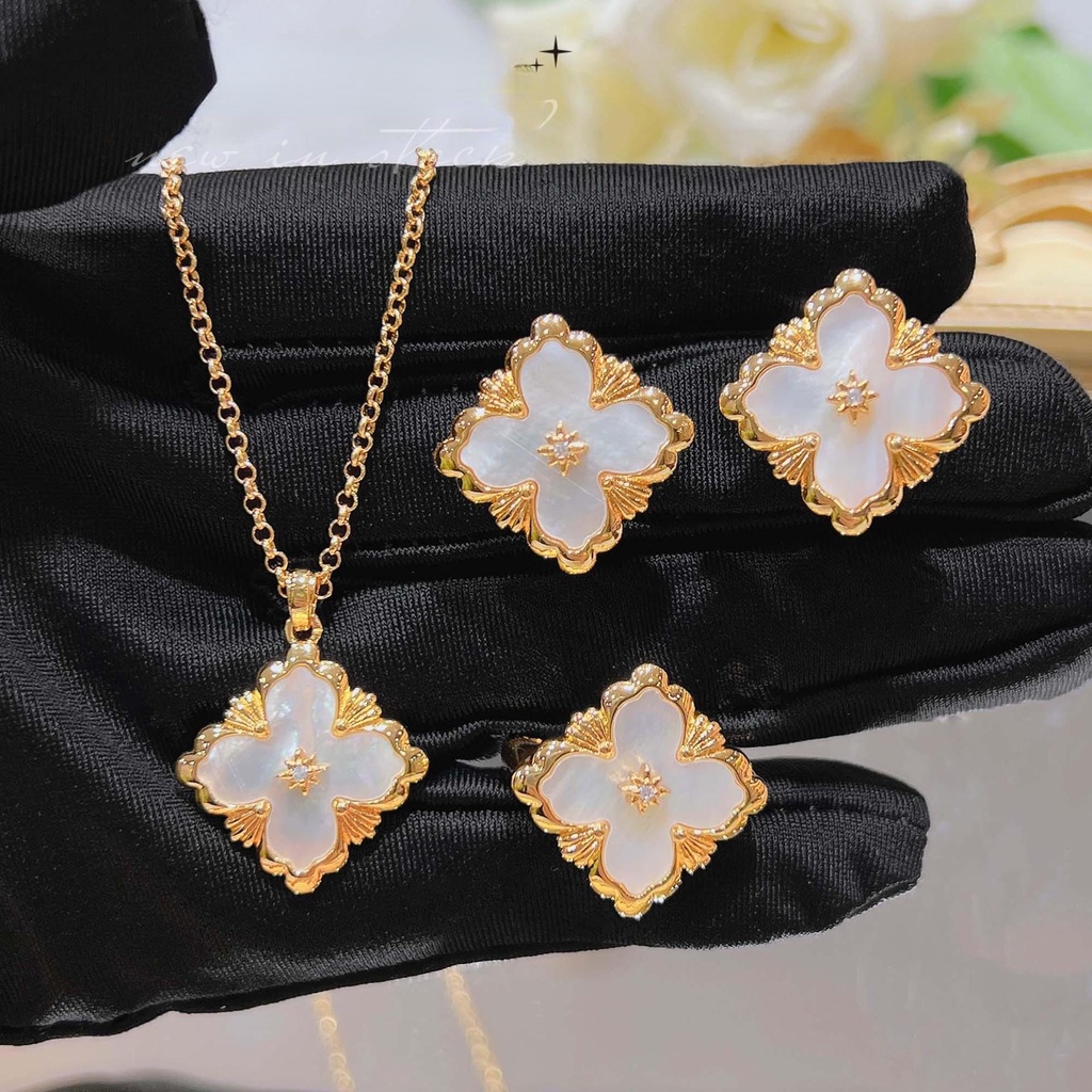 Goldkingdom Fashion Perhiasan Aksesoris Ready Stock Itali Bulati Putih Fritillaria Set French Vintage Clover Gelang Batu Akik Merah Kalung Cincin Anting Perempuan