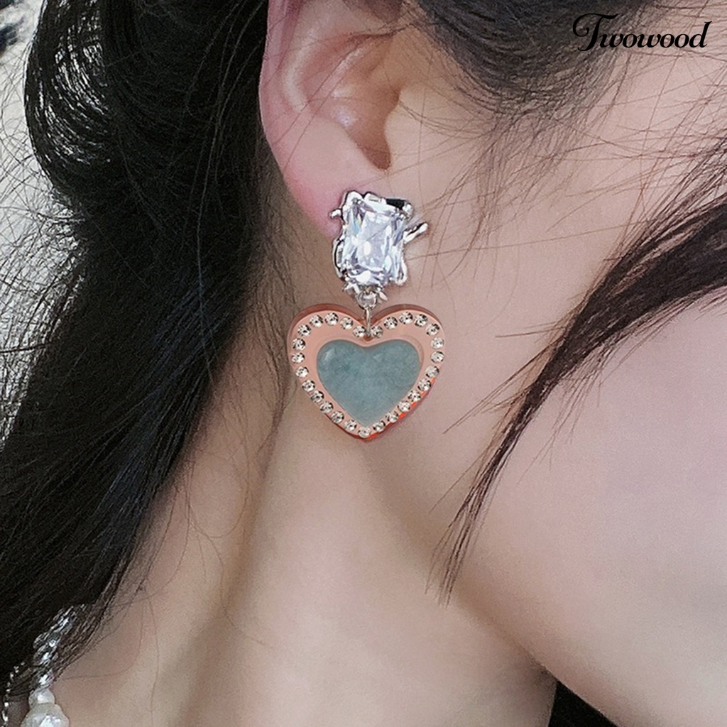 Twowood 1pasang Menjuntai Anting Vintage Romantis Bersinar Cubic Zirconia Hias Geometris Hadiah Wanita Hati Liontin Stud Earrings Pesona Perhiasan Untuk Pacaran