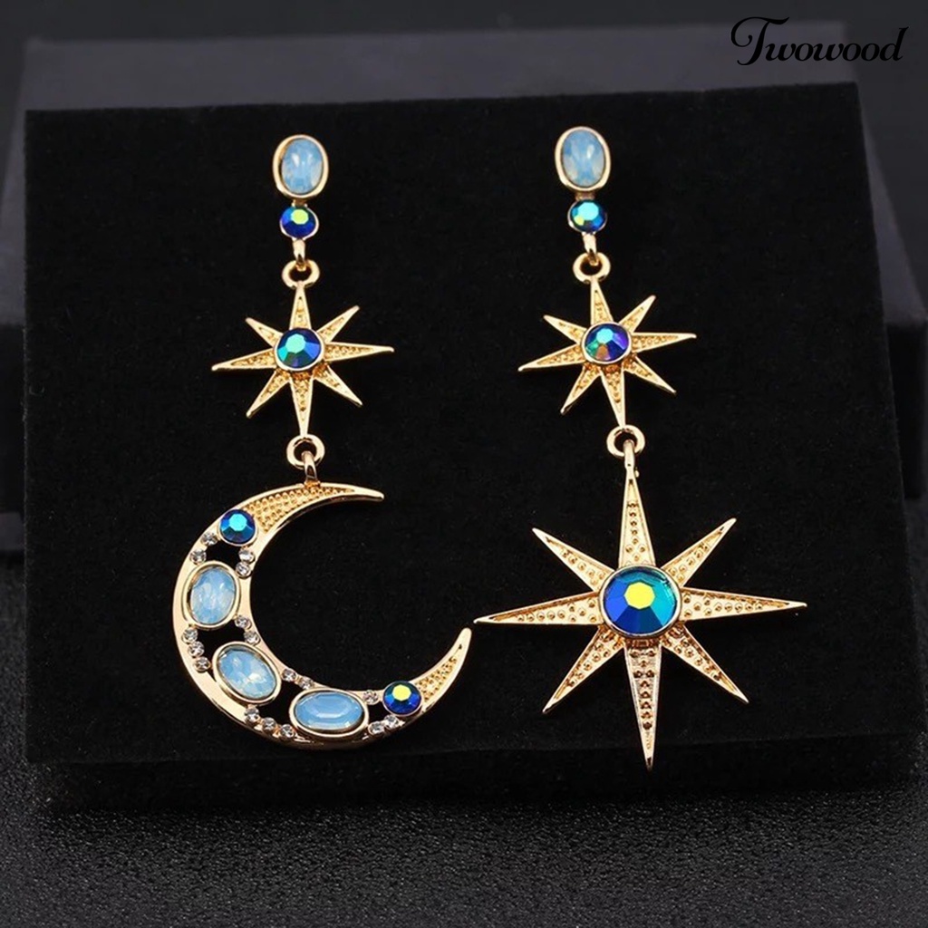 Twowood 1pasang Wanita Drop Earrings Artificial Gemstone Inlay Asimetris Berlian Imitasi Mengkilap Star Moon Earrings Pakaian Sehari-Hari