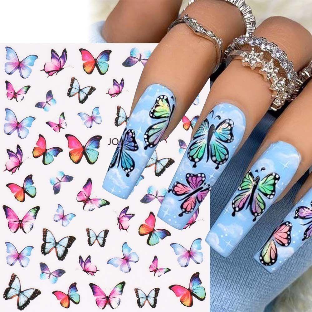 Mxbeauty Stiker Kuku Kupu-Kupu Set 12 Pcs Warna-Warni Fashion Ins Gaya Musim Semi Perekat Diri Nail Art Dekorasi