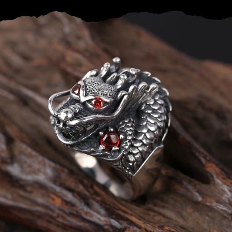 [X C Jewelry] Fashion Punk 925 Silver Ring Chinese Dragon Inlaid Gemstone Fashion Jewelry Men's and Women's