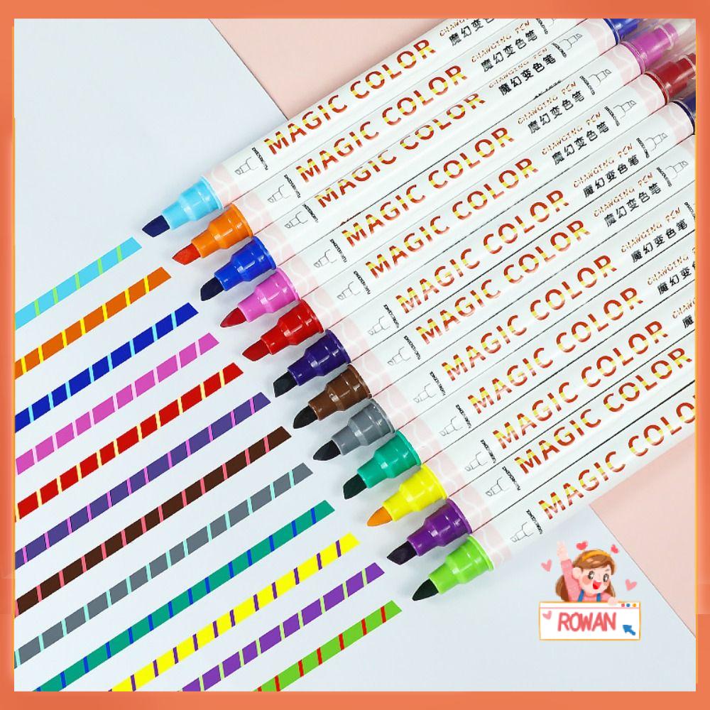 R-flower 12warna/Set Fluorescent Marker Stationery Alat Gambar Kepala Ganda Berubah Warna