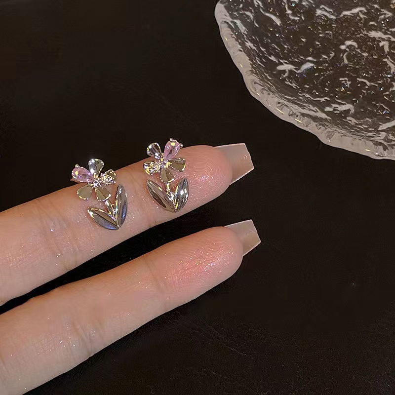 Kami Bunga Keren Manis s925 Perak Glossy Zirkon Bunga Stud Anting-Anting Untuk Wanita Perempuan Y2K Logam Bunga Pernyataan Anting-Anting Chic Telinga Perhiasan
