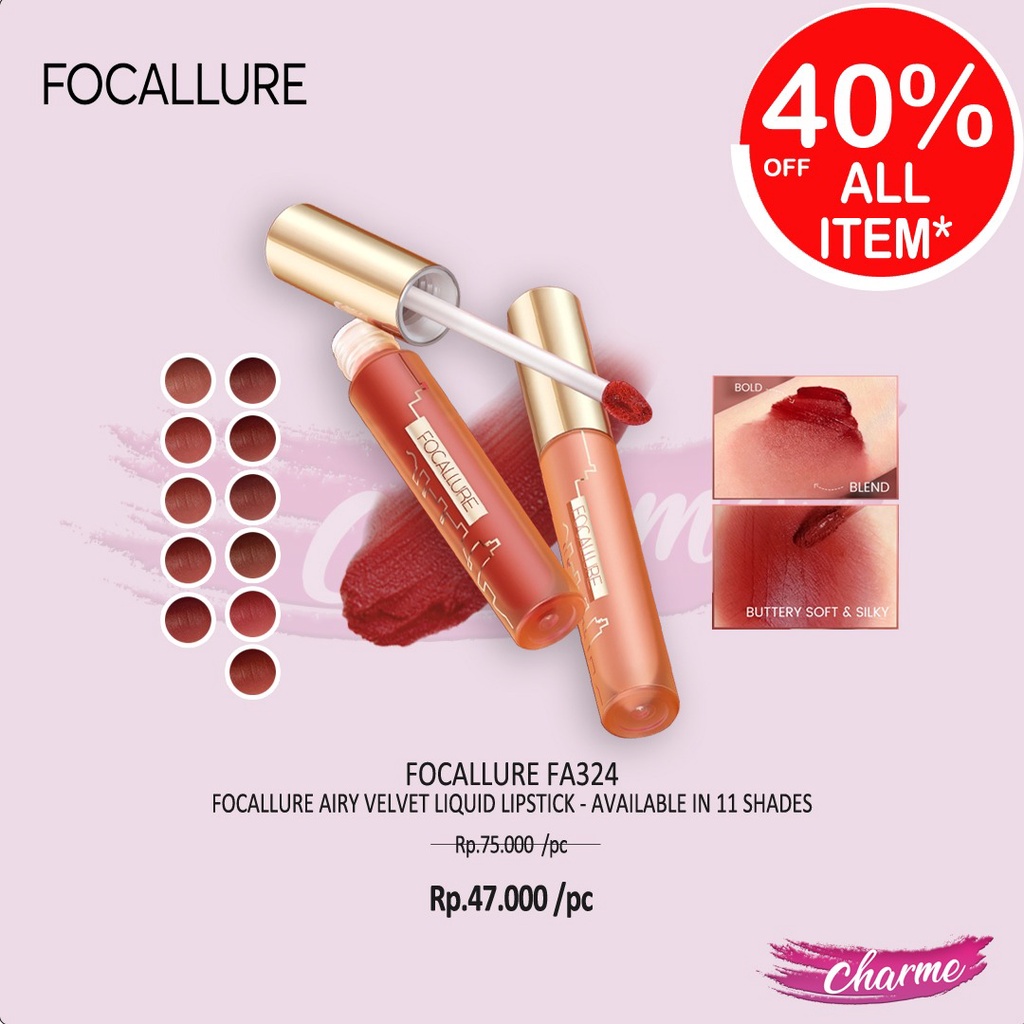 (READY &amp; ORI) Focallure Airy Velvet Liquid Lipstick Lip Tint High Pigmentted FA324 FA 324