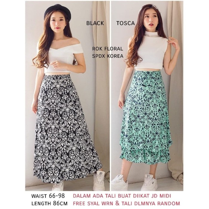 Promo Ramadhan 2023 - Rok Spandex Motif Floral Import - Tosca - Sedia rok motif polos terbaru kekini