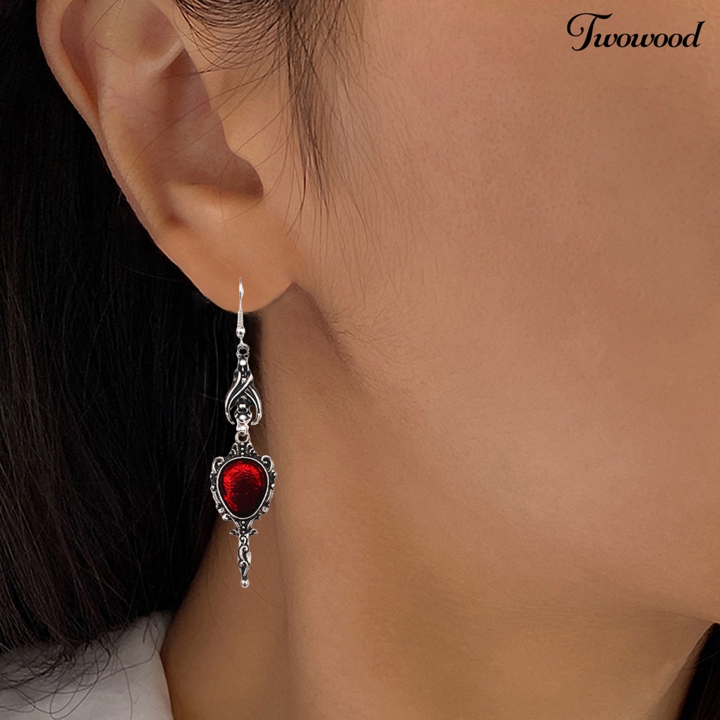Twowood 1pasang Drop Earrings Gothic Personality Magic Mirror Gaya Punk Vintage Bat Ear Hook Drop Earrings Aksesoris Fashion