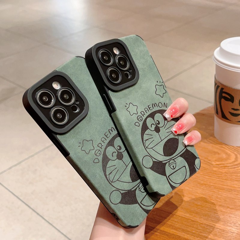 Green Leather Soft Case for IPhone 7 Plus 8 Plus X XS XR XS Max 11 13 12 14 PRO Max 14 Plus SE 2020 2022 Cute Star Green Cute Doraemon Cat